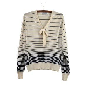 Vintage Givenchy Sport Cream Navy Striped Bow Front Vneck Sweater Size 40